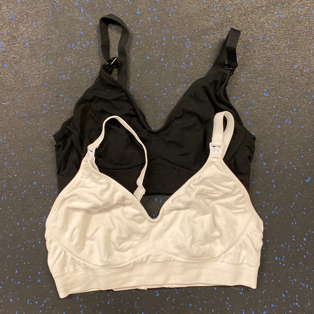 2 Seraphine size small bamboo nursing bras, one black and one white